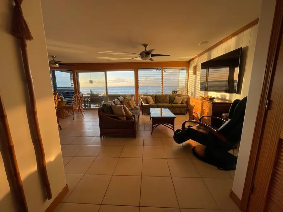 Oceanfront living room with wide Pacific views