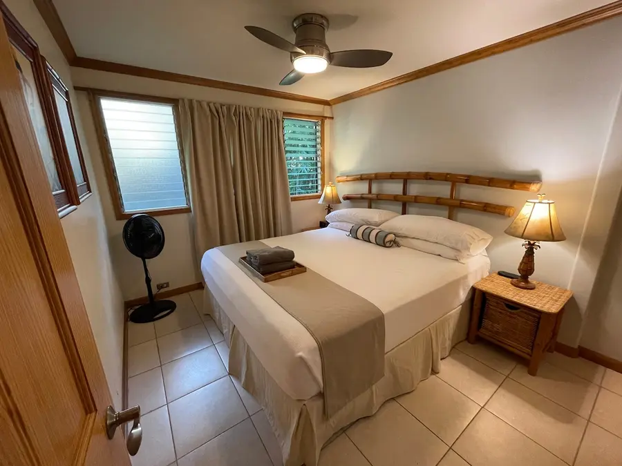 Master bedroom. King-sized bed. New for 2026: Quiet AC System installed in both bedrooms.