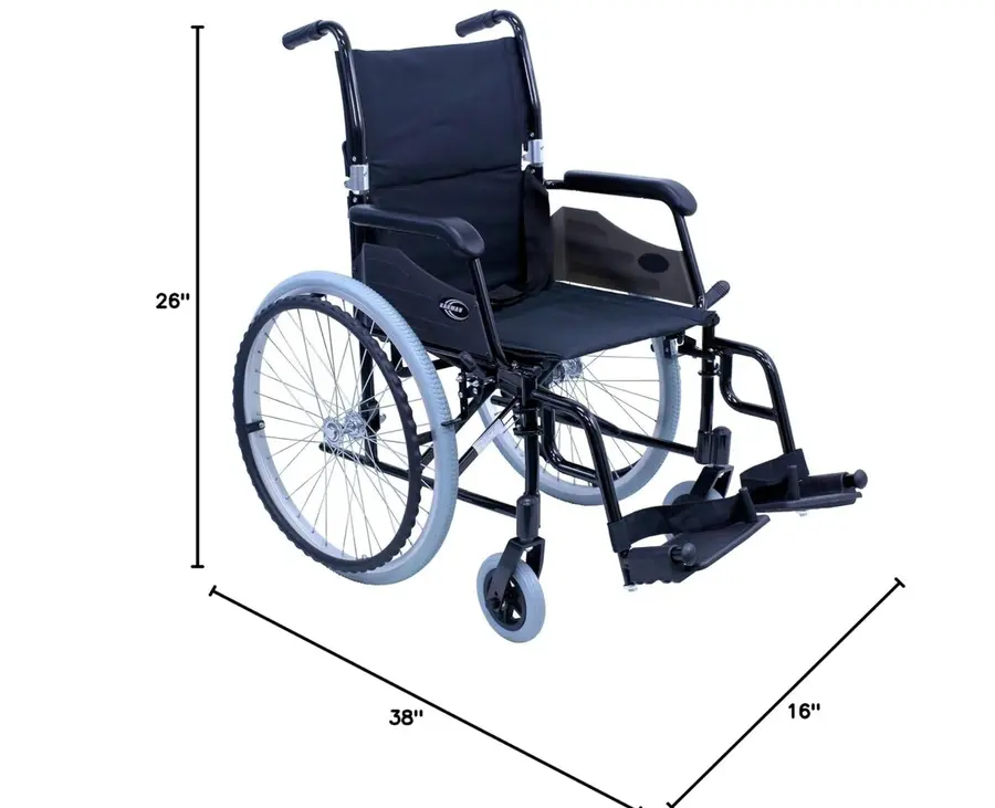 Seat Width: 18" x 16", Fixed armrest. Overall Length : 28 inch. Folded Height 29 inch Swing In/Away Removable Footrest, Adjustable Height Footplates with heel loops Folding backrest and folding seat for easy traveling incorporates handbrakes