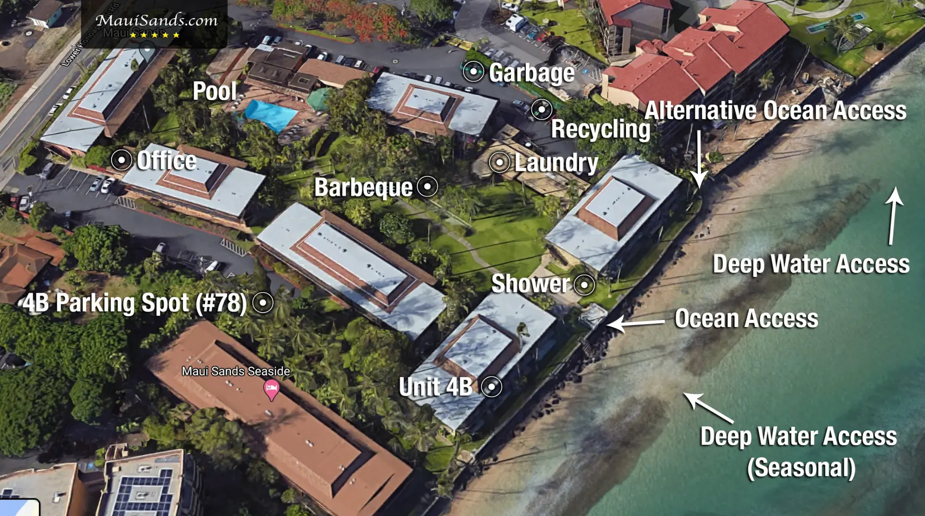 Aerial layout of Maui Sands showing Unit 4B, parking, pool, office, laundry, barbecue and shoreline access